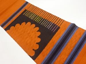 手織り紬横縞に抽象模様織出し袋帯